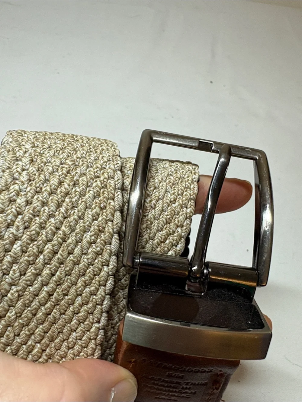 Tommy Bahama Reversible Navy/Tan Woven Textile Belt Flexible Sizing